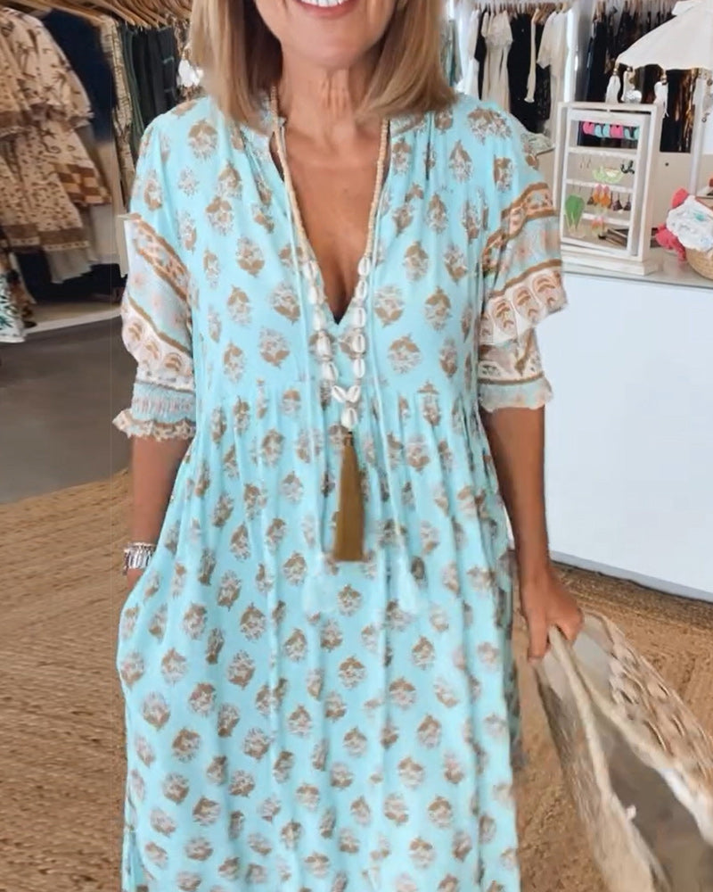 Robe Femme Tallulah – Robe Imprimée à Col en V avec Manches Mi-Longues & Coupe Confortable