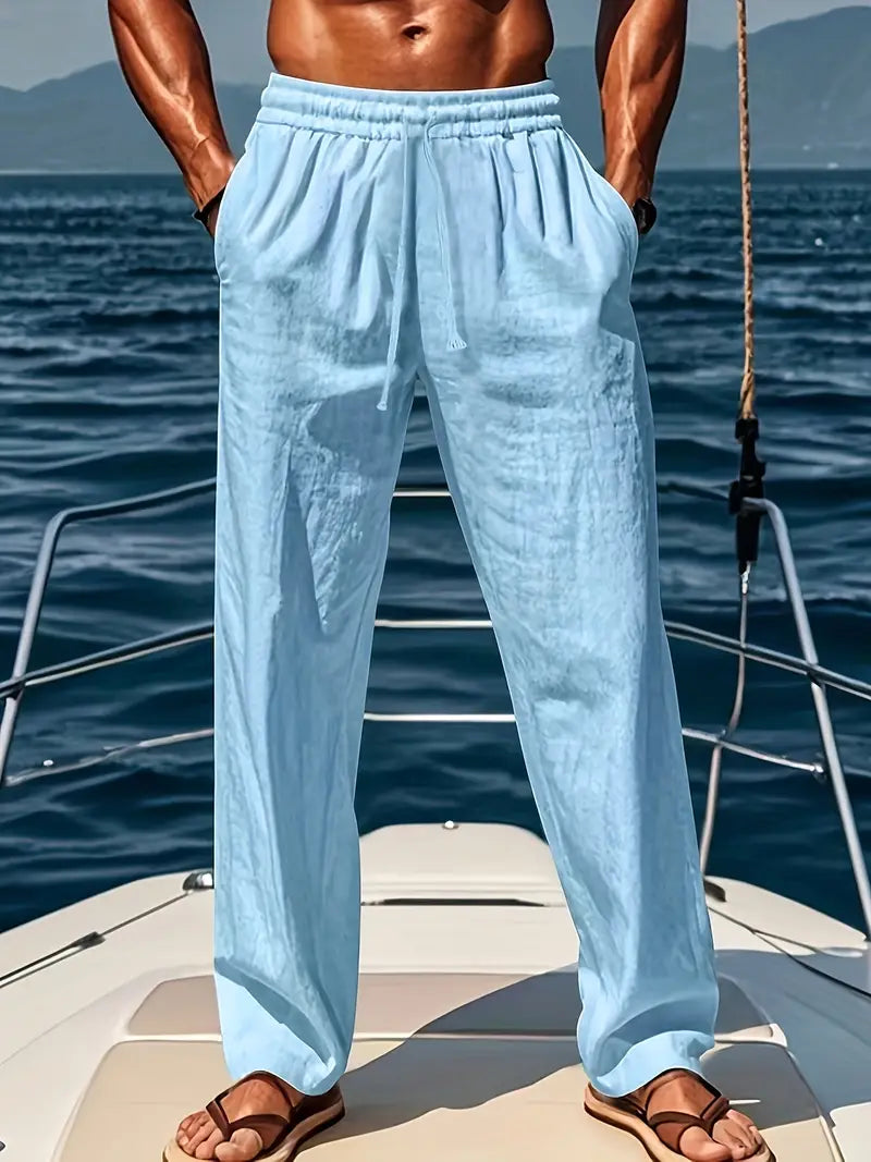 Pantalones de Ethan Men - pantalones de lino grandes transpirables con una copa de estilo amplia y elegante verano