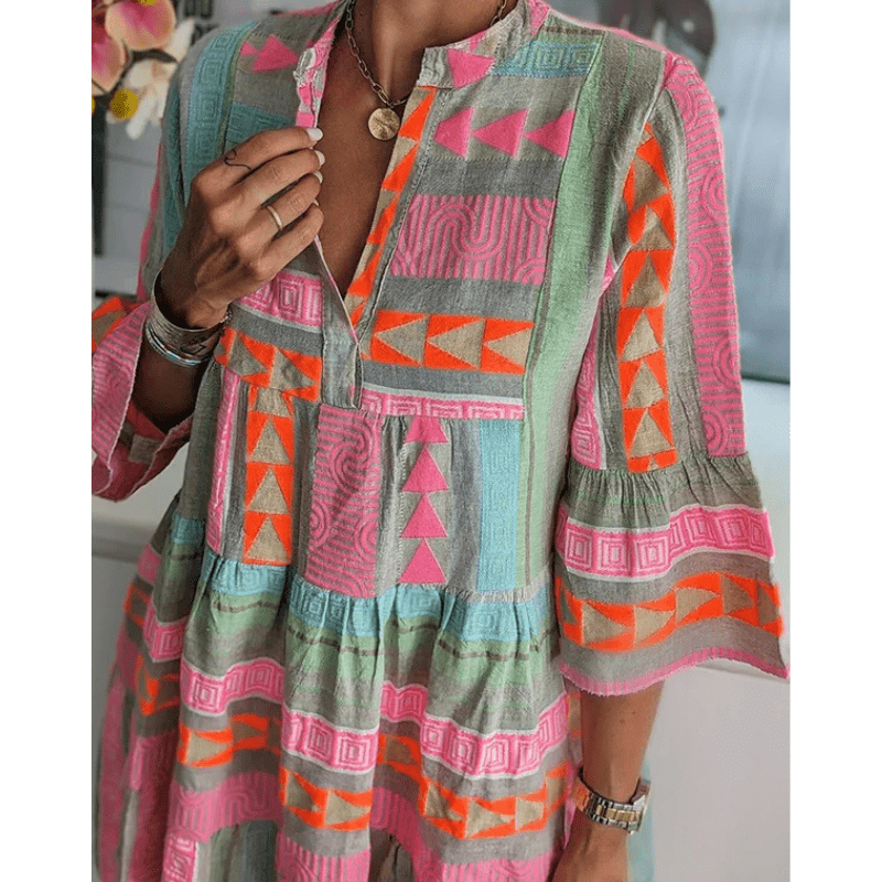 Alicia Mini Robe Tunique Femme – Coupe Légère et Ample avec Imprimés Bohèmes Colorés