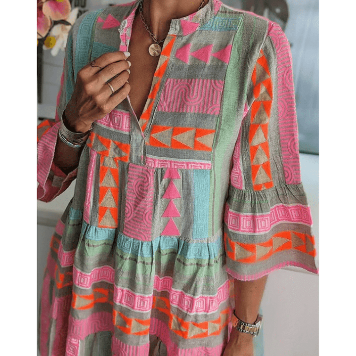 Alicia Mini Robe Tunique Femme – Coupe Légère et Ample avec Imprimés Bohèmes Colorés