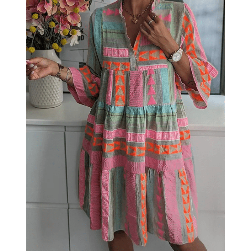 Alicia Mini Robe Tunique Femme – Coupe Légère et Ample avec Imprimés Bohèmes Colorés