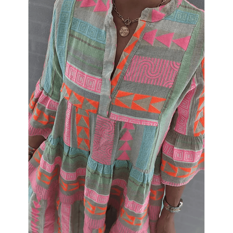 Alicia Mini Robe Tunique Femme – Coupe Légère et Ample avec Imprimés Bohèmes Colorés
