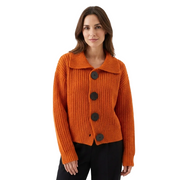 Amber Pull Dámský Oranžový Col Oversize – Žebrovaná Pletenina, Volný Střih & Kontrastní Knoflíky