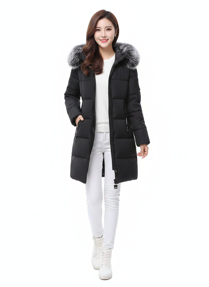 Andrea Doudoune Longue Femme – Design Matelassé, Capuche Fausse Fourrure & Style Urbain