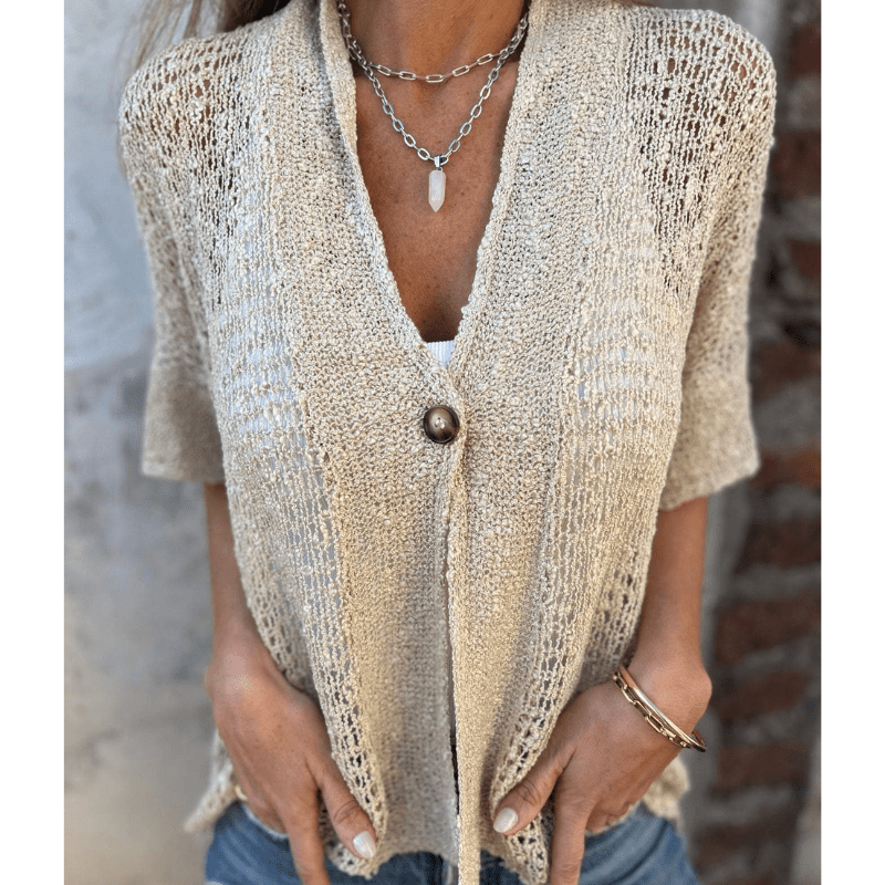 Annie Top Léger Texturé Femme – Maille Ouverte, Manches Courtes et Fermeture à Boutons par Looksy