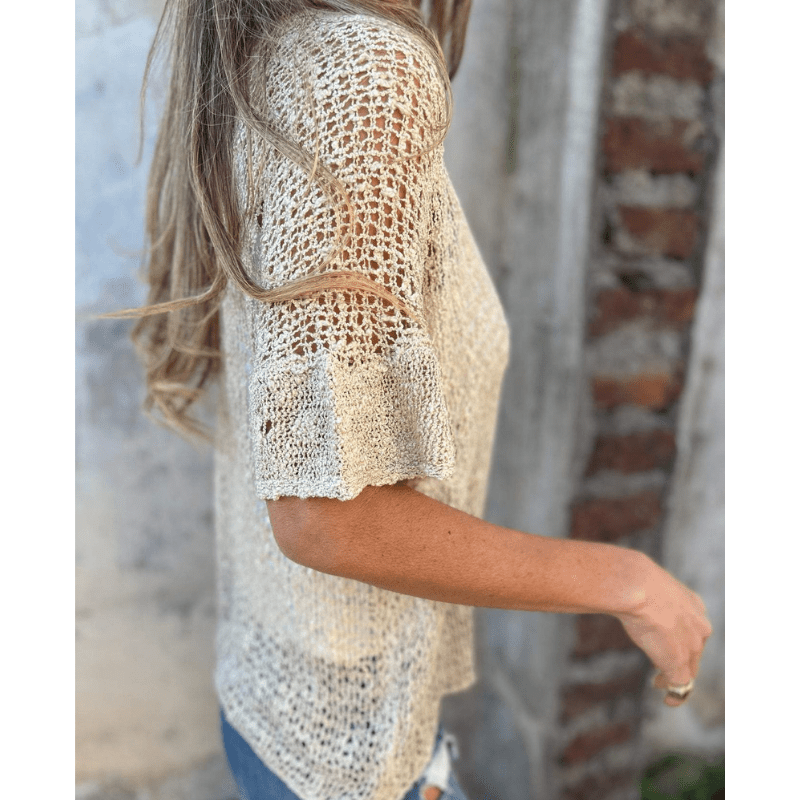 Annie Top Léger Texturé Femme – Maille Ouverte, Manches Courtes et Fermeture à Boutons par Looksy