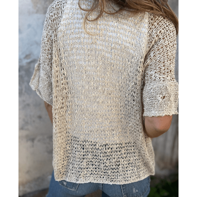 Annie Top Léger Texturé Femme – Maille Ouverte, Manches Courtes et Fermeture à Boutons par Looksy
