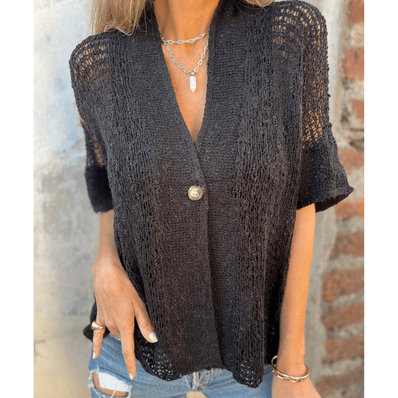 Annie Top Léger Texturé Femme – Maille Ouverte, Manches Courtes et Fermeture à Boutons par Looksy