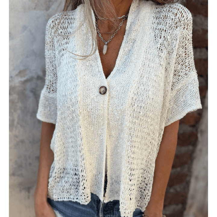 Annie Top Léger Texturé Femme – Maille Ouverte, Manches Courtes et Fermeture à Boutons par Looksy