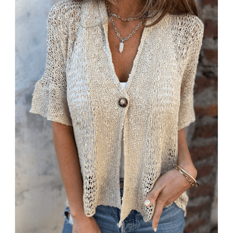 Annie Top Léger Texturé Femme – Maille Ouverte, Manches Courtes et Fermeture à Boutons par Looksy