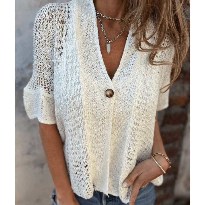 Annie Top Léger Texturé Femme – Maille Ouverte, Manches Courtes et Fermeture à Boutons par Looksy
