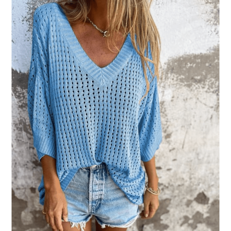 Aria Top Léger à Motifs Ajourés Femme – Coupe Fluide, Manches 3/4 et Design Respirant par Looksy