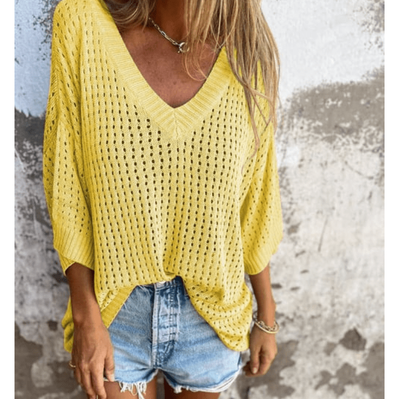 Aria Top Léger à Motifs Ajourés Femme – Coupe Fluide, Manches 3/4 et Design Respirant par Looksy
