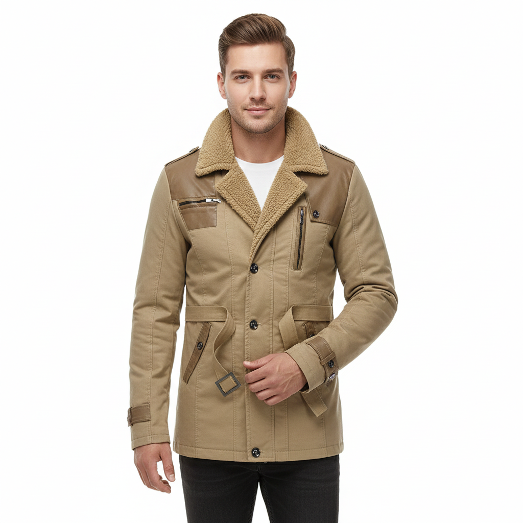 Arth Veste d’Hiver Homme Sherpa – Style Militaire, Détails Similicuir & Chaleur