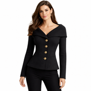 Arvery Sweter Damski z Odkrytymi Ramionami – Elegancki Sweter Żebrowany z Złotymi Guzikami