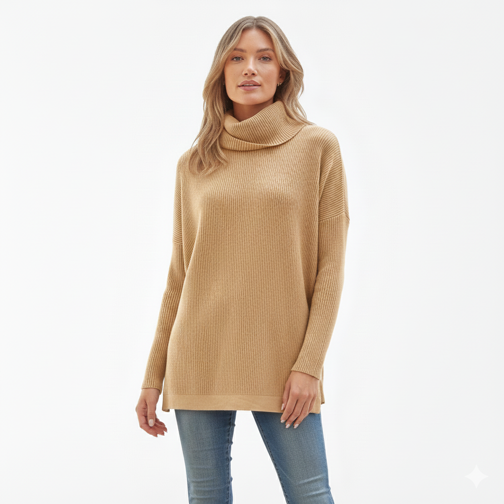 Ava Pull Long Femme Col Roulé Oversize – Pull Tunic Côtelé Chaud au Style Élégant