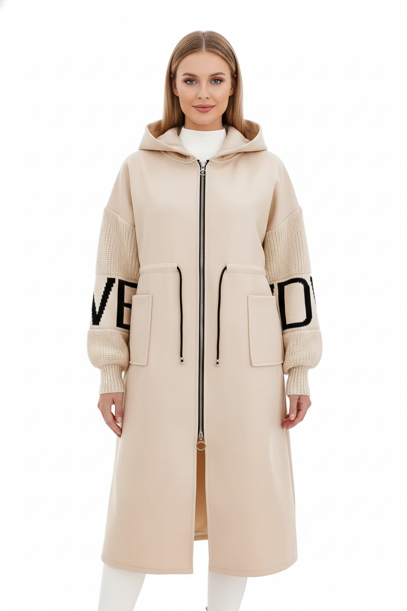 Ava Patchwork Jakke til Kvinder – Vandafvisende Figursyet Frakke med Hætte & Strikkede Ærmer