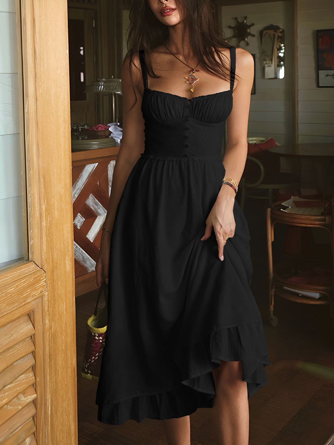 Robe Midi Femme Charlie – Élégante Robe Cami avec Ourlet à Volants & Coupe Élancée