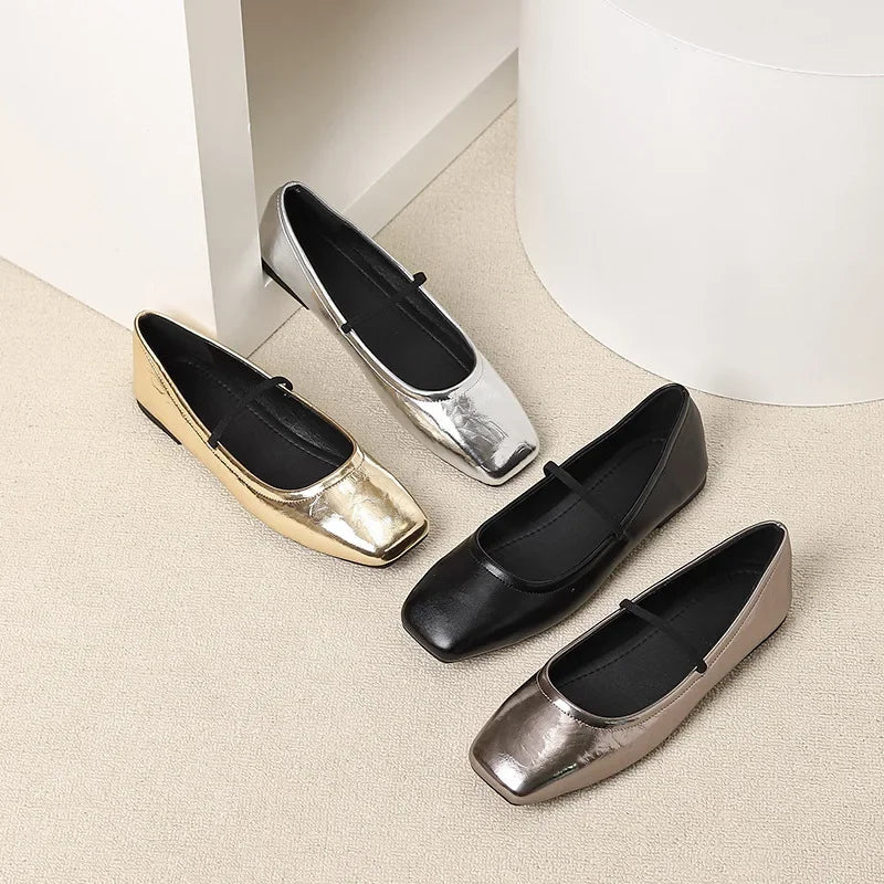 Maggie Ballerines Femme – Chaussures Métallisées à Bout Carré Élégantes & Modernes