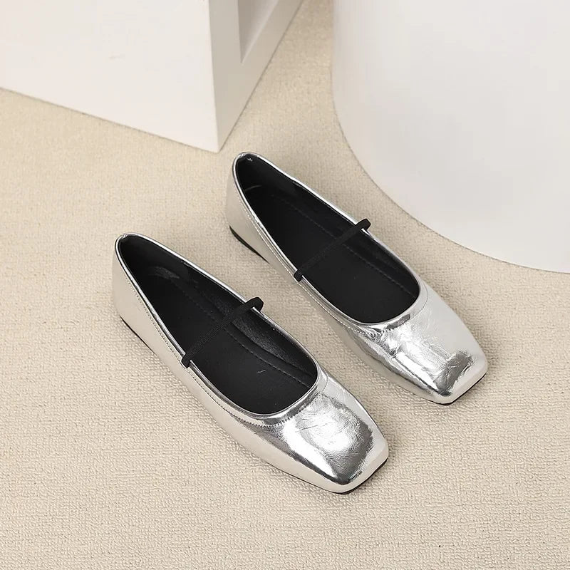 Maggie Ballerines Femme – Chaussures Métallisées à Bout Carré Élégantes & Modernes