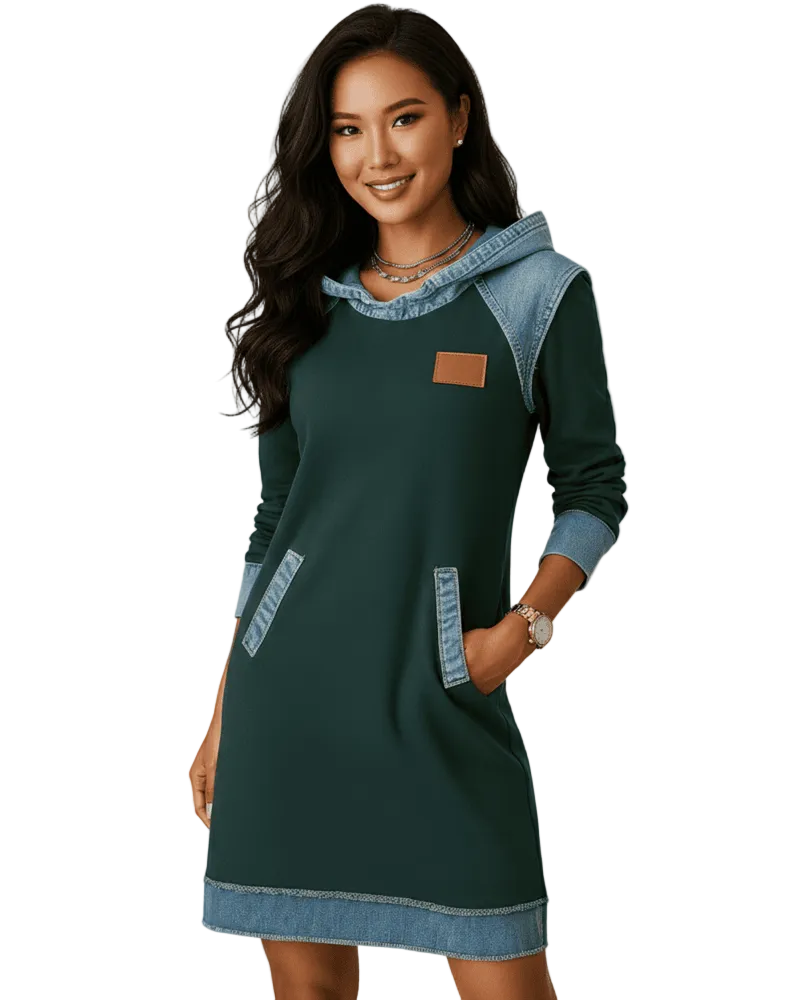 Beatrix Robe Sweat à Capuche Femme – Détails Denim, Coupe Confortable & Style Urbain