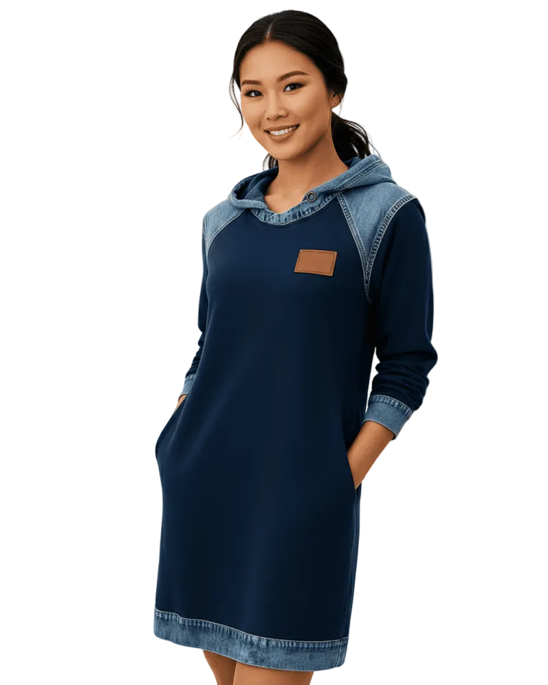 Beatrix Robe Sweat à Capuche Femme – Détails Denim, Coupe Confortable & Style Urbain