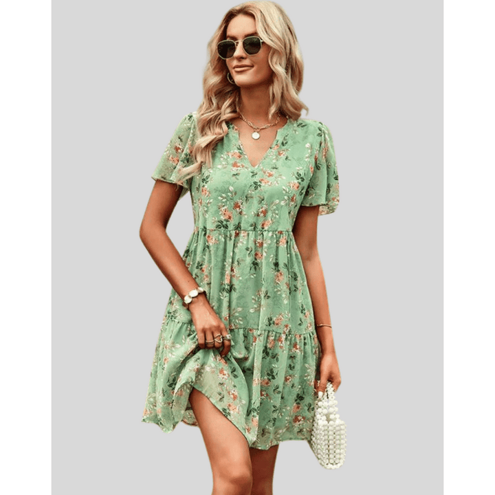 Bettina Robe Mini Femme – Robe d’Été Légère avec Col V et Imprimé Floral Délicat
