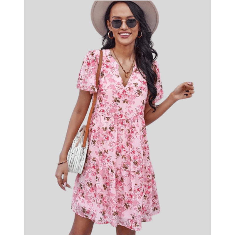 Bettina Robe Mini Femme – Robe d’Été Légère avec Col V et Imprimé Floral Délicat