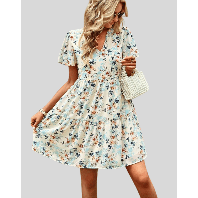 Bettina Robe Mini Femme – Robe d’Été Légère avec Col V et Imprimé Floral Délicat