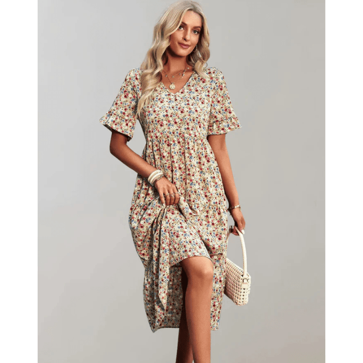 Bianka Robe Midi Femme – Imprimé Floral Léger avec Coupe Fluide et Manches Papillon Romantiques