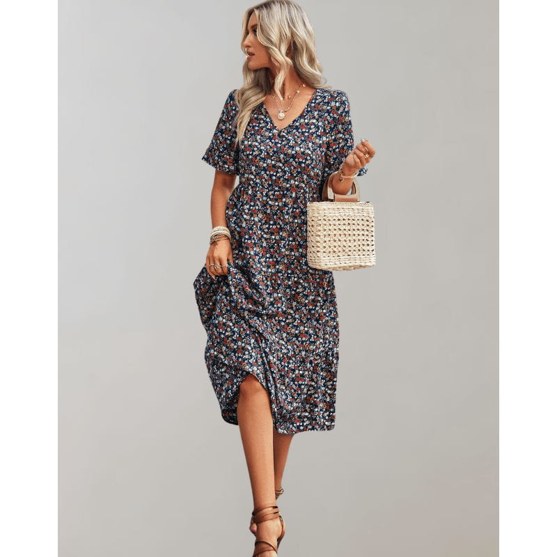 Bianka Robe Midi Femme – Imprimé Floral Léger avec Coupe Fluide et Manches Papillon Romantiques