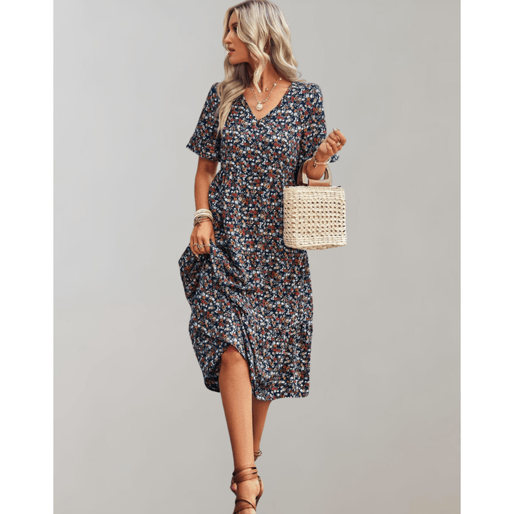 Bianka Robe Midi Femme – Imprimé Floral Léger avec Coupe Fluide et Manches Papillon Romantiques