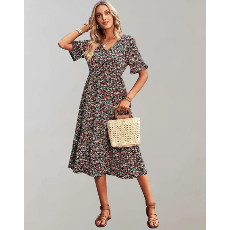 Bianka Robe Midi Femme – Imprimé Floral Léger avec Coupe Fluide et Manches Papillon Romantiques