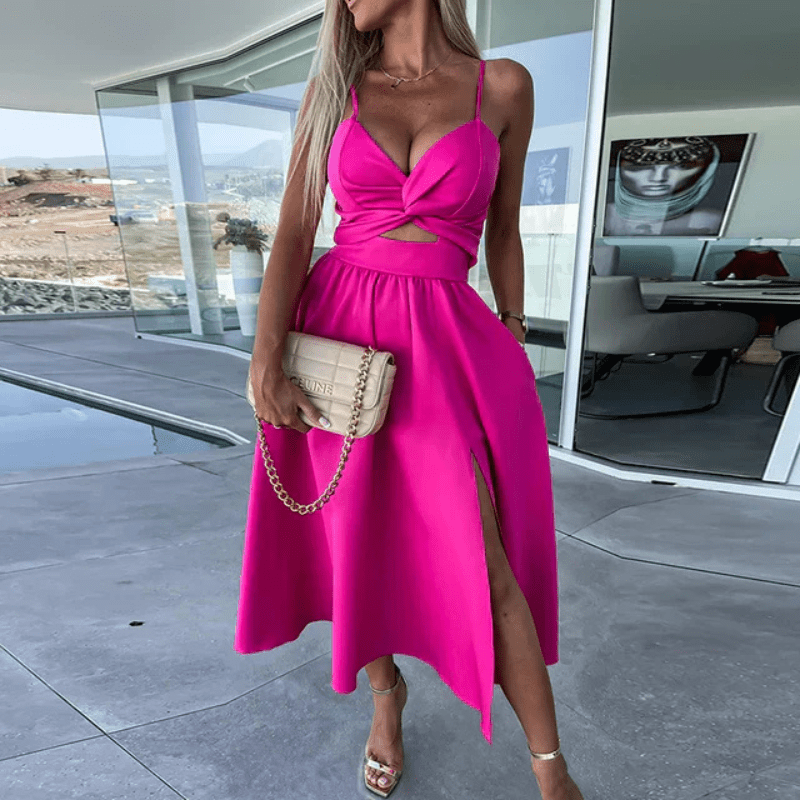 Bibiane Robe Midi Femme – Découpes Modernes, Fente Latérale & Jupe Fluide Légère