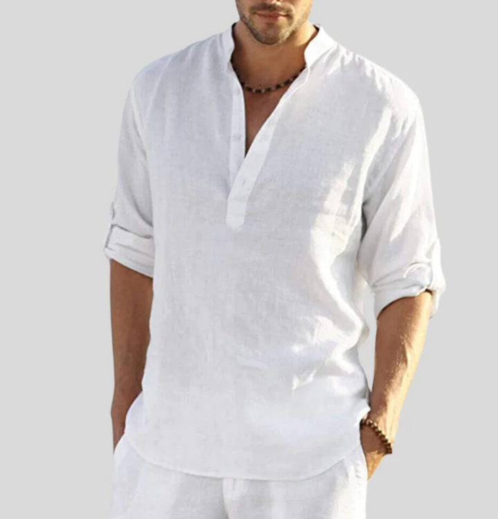 Camicia di lino maschile Ansel - camicia estiva traspirante con zampa abbottonata corta e svantaggio