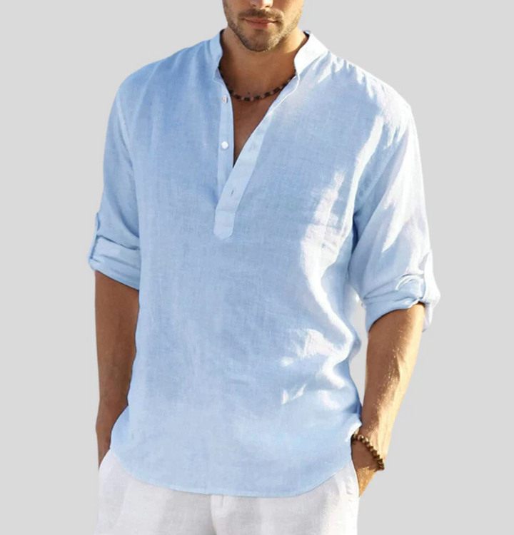 Camicia di lino maschile Ansel - camicia estiva traspirante con zampa abbottonata corta e svantaggio