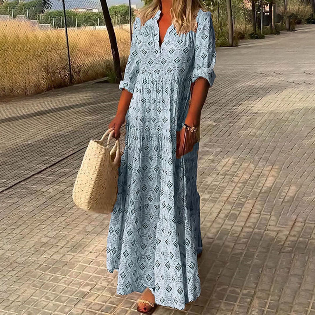 Kendra Robe Maxi Femme – Robe Boho Bleu Clair avec Imprimé & Coupe Confortable