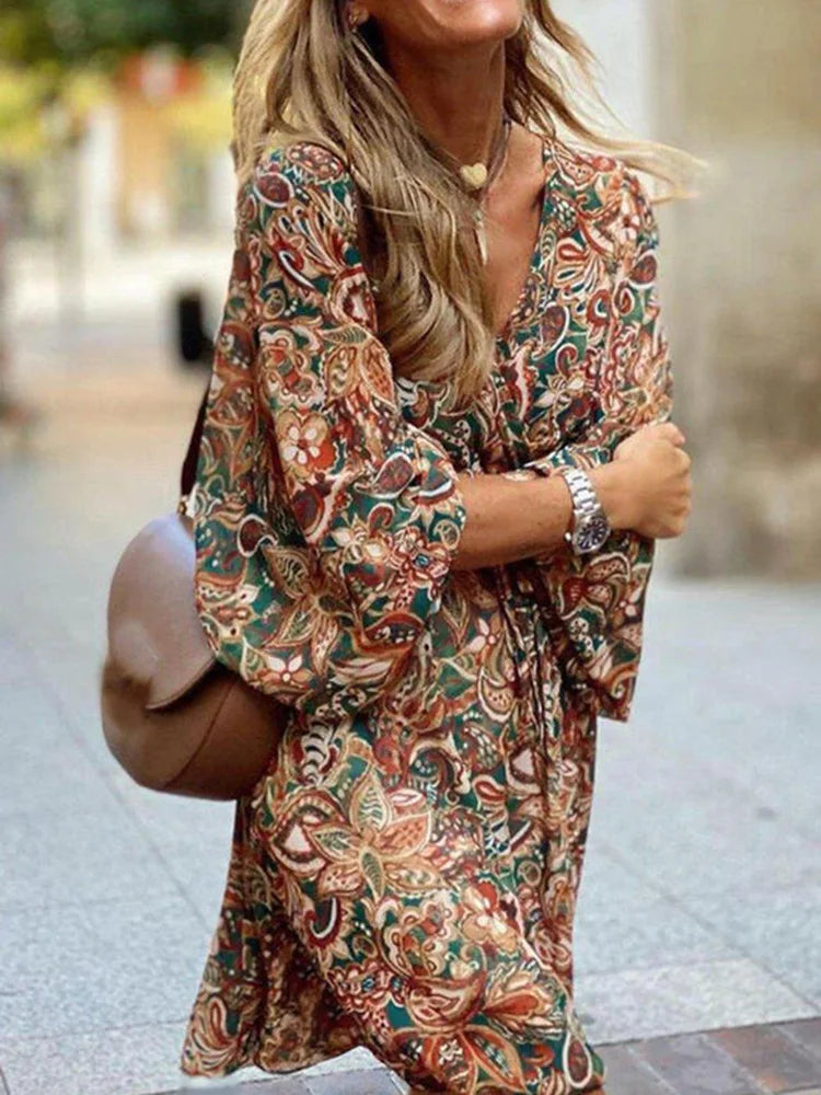 Edith Robe Bohème Femme – Imprimé Cachemire, Manches Évasées 3/4 & Coupe Fluide