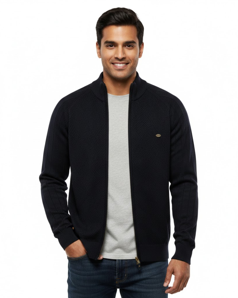 Bram Herren-Strickjacke mit Reißverschluss aus Baumwolle – Gerippte Maschen, Stehkragen & Moderner Stil