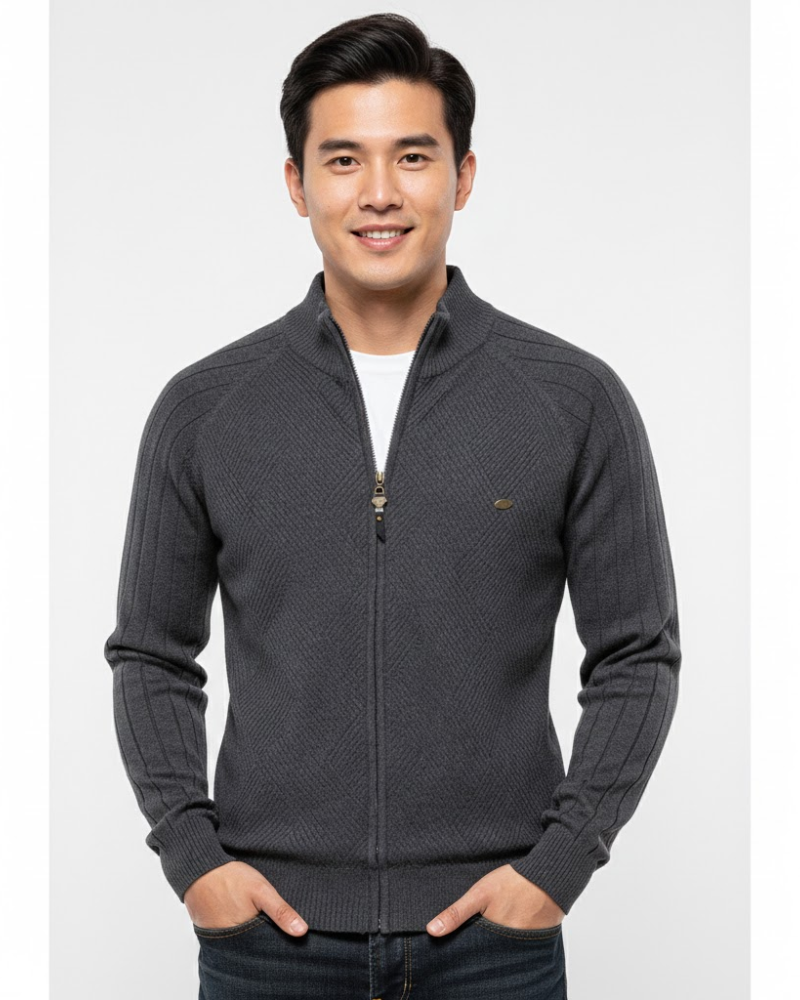 Bram Herren-Strickjacke mit Reißverschluss aus Baumwolle – Gerippte Maschen, Stehkragen & Moderner Stil