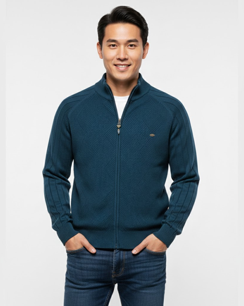 Bram Herren-Strickjacke mit Reißverschluss aus Baumwolle – Gerippte Maschen, Stehkragen & Moderner Stil