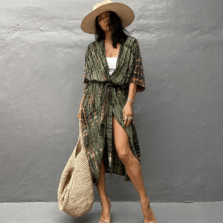 Brenna Robe Kimono Looksy – Imprimé Tie-Dye Bohème & Coupe Mi-Longue Fluide