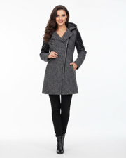 Breya Manteau Femme à Capuche – Style Tweed, Finitions Simili Cuir & Coupe Structurée