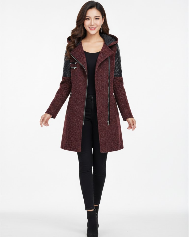 Breya Damenmantel mit Kapuze – Tweed-Stil, Kunstlederbesatz und strukturierte Schnittführung