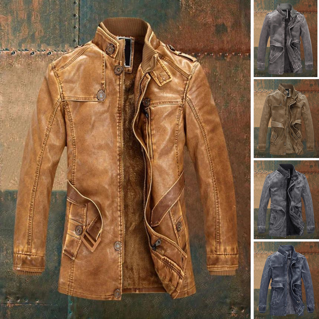 Chaqueta de cuero vintage Shon para hombre: estilo retro con forro cálido y botones clásicos.