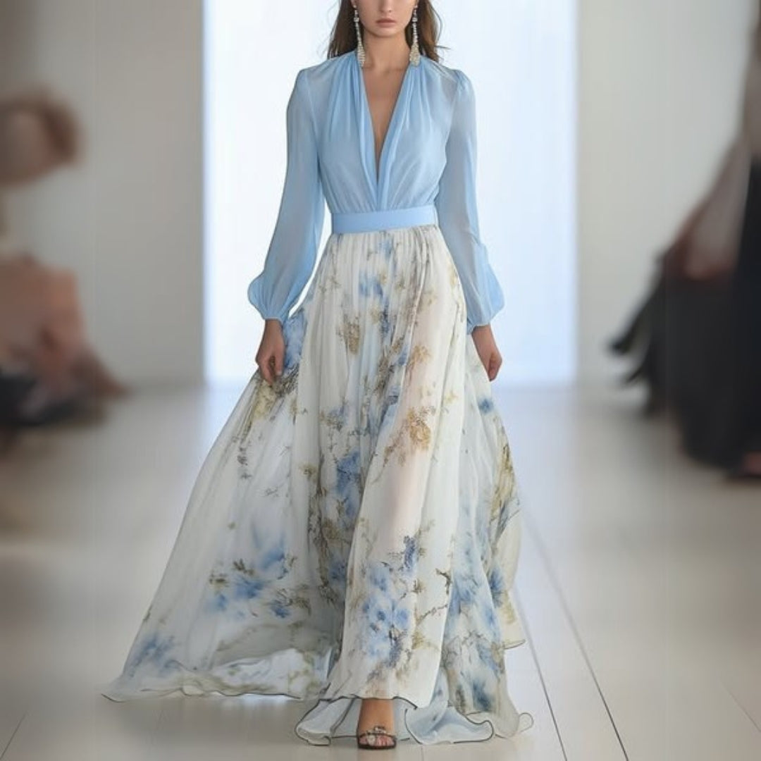 Lily Robe Longue Femme – Imprimé Fleuri Bleu Ciel, Tissu Léger & Coupe Élégante