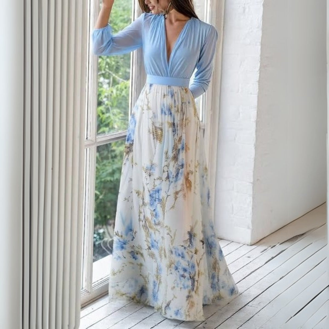 Lily Robe Longue Femme – Imprimé Fleuri Bleu Ciel, Tissu Léger & Coupe Élégante