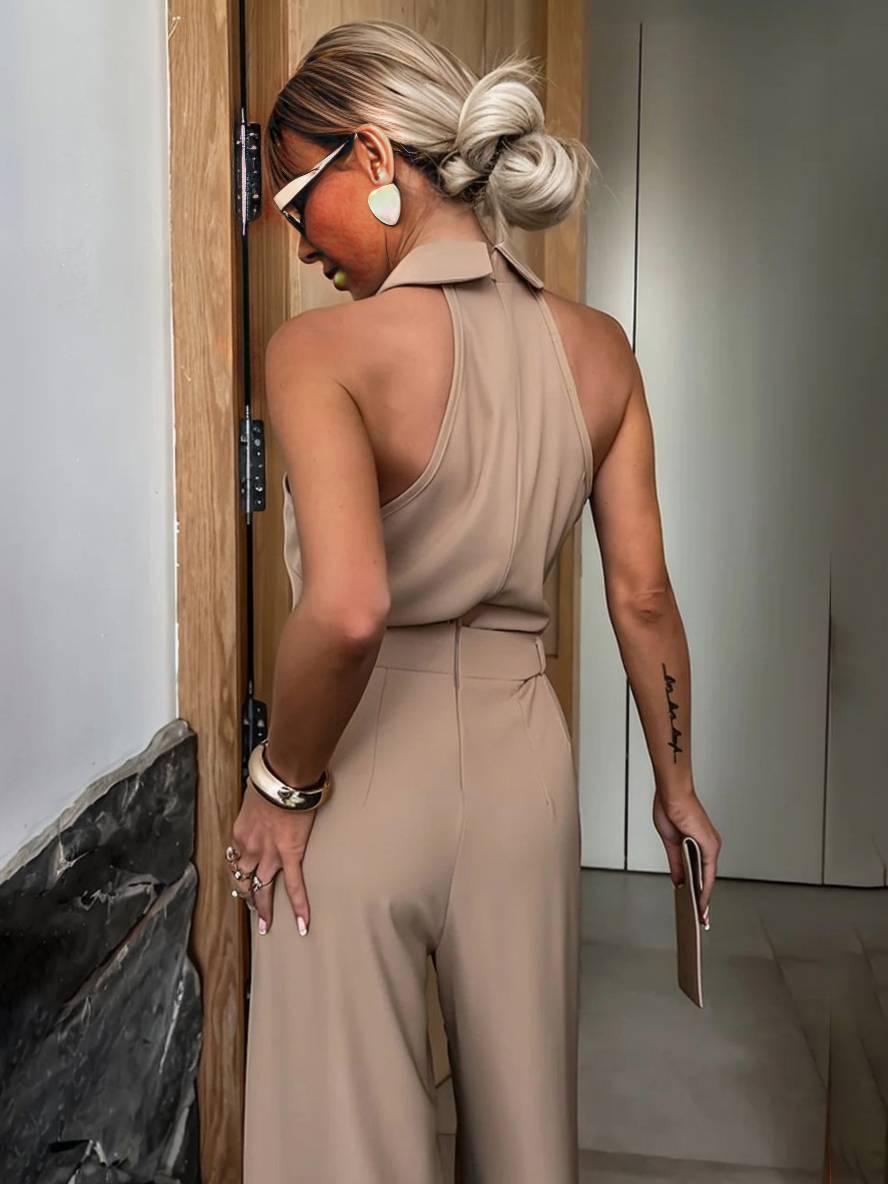 Aliya Combinaison Femme – Combinaison Ample Sans Manches avec Col Chemise, Découpes & Poches