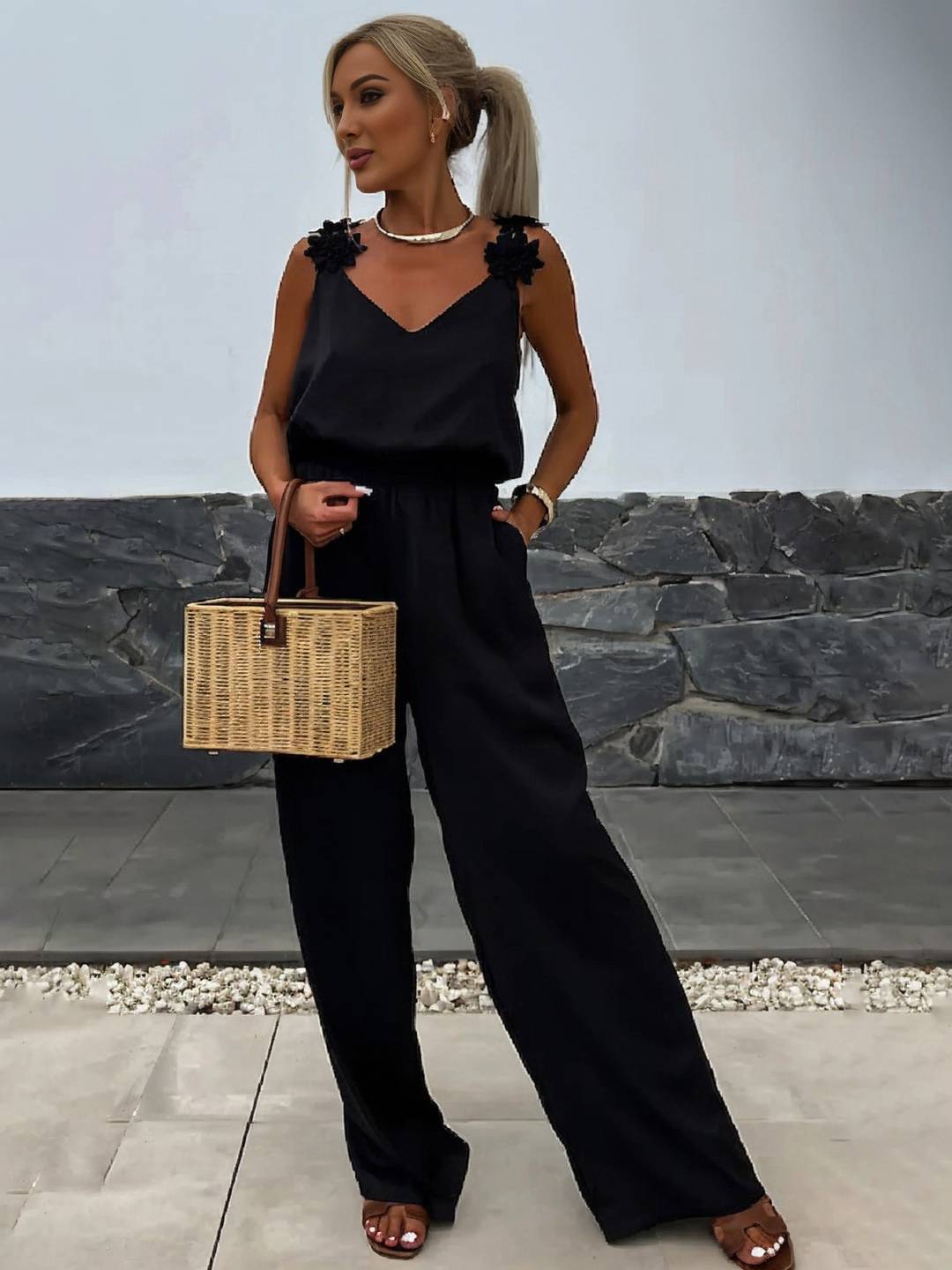 Sabrina Combinaison Femme – Combinaison de Vacances Ample et Sans Manches avec Décolleté en V, Poches & Dos Nu