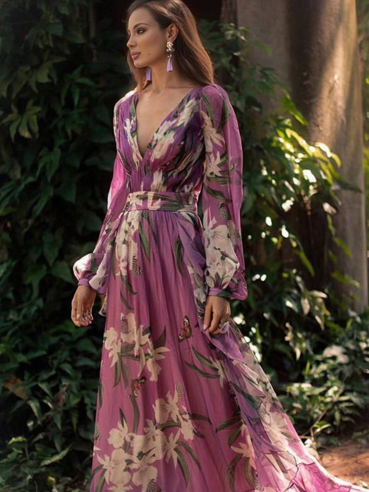 Clea Robe Maxi Femme – Élégante Robe Longue à Imprimé Floral, Décolleté en V & Manches Longues en Violet